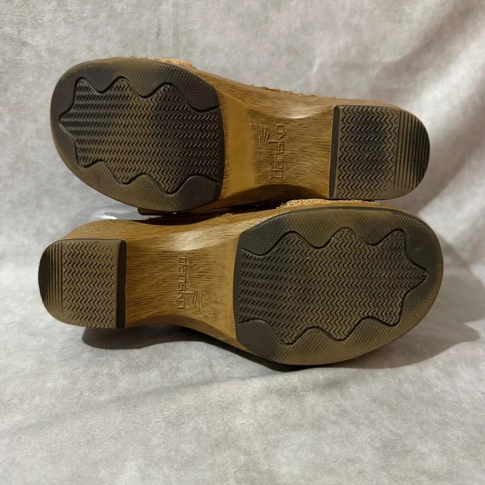 Dansko Slide Sandals Womens 36 Tan Iridescent Excellent Leather Wedge Clogs